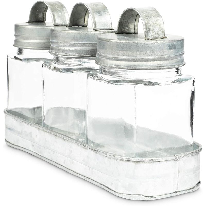 1 Galvanized Metal Tray with 4 Glass Containers for Bathroom and